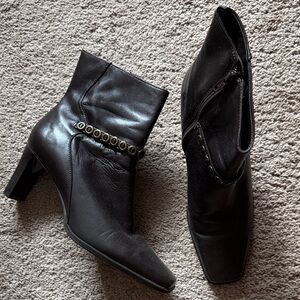 Markon Carson Dark Brown Leather Ankle Boots with brass chain and square toe